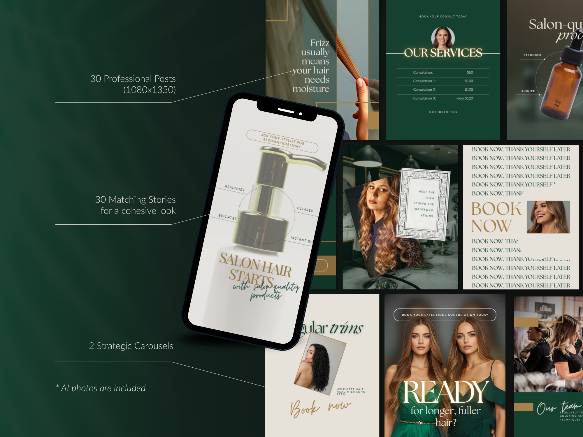 Luxury Hair Salon Canva Template Bundle | 30 Instagram Posts + 30 Stories + 12 Highlights + 2 Carousels | Beauty & Hair Stylist Social Media Kit Luxury Hair Salon Canva Template Bundle | 30 Instagram Posts + 30 Stories + 12 Highlights + 2 Carousels | Beauty & Hair Stylist Social Media Kit