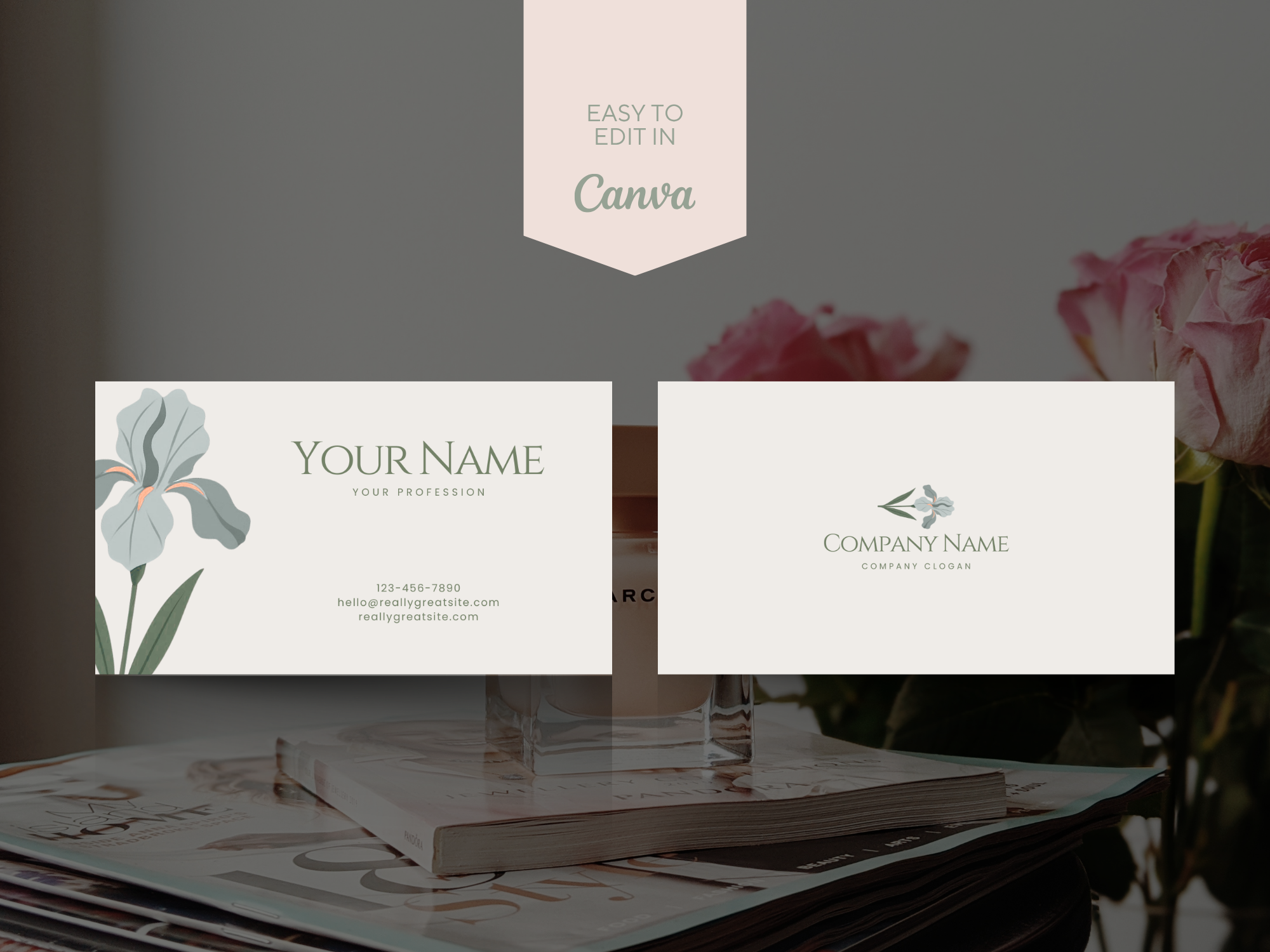 Elegant Iris Floral Business Card Template | Editable Canva Design