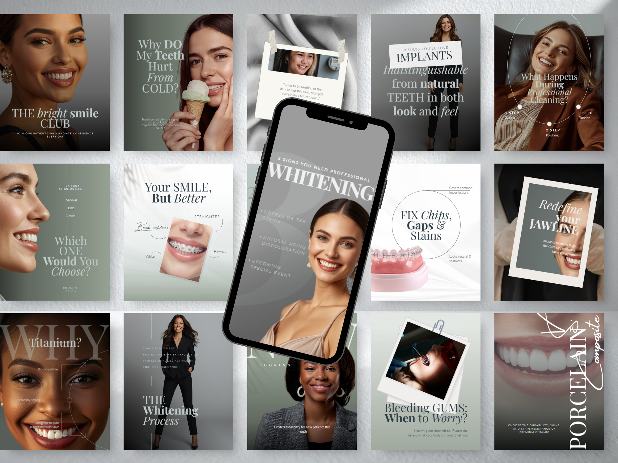 Luxury dental instagram templates canva bundle preview for dentist social media kit
