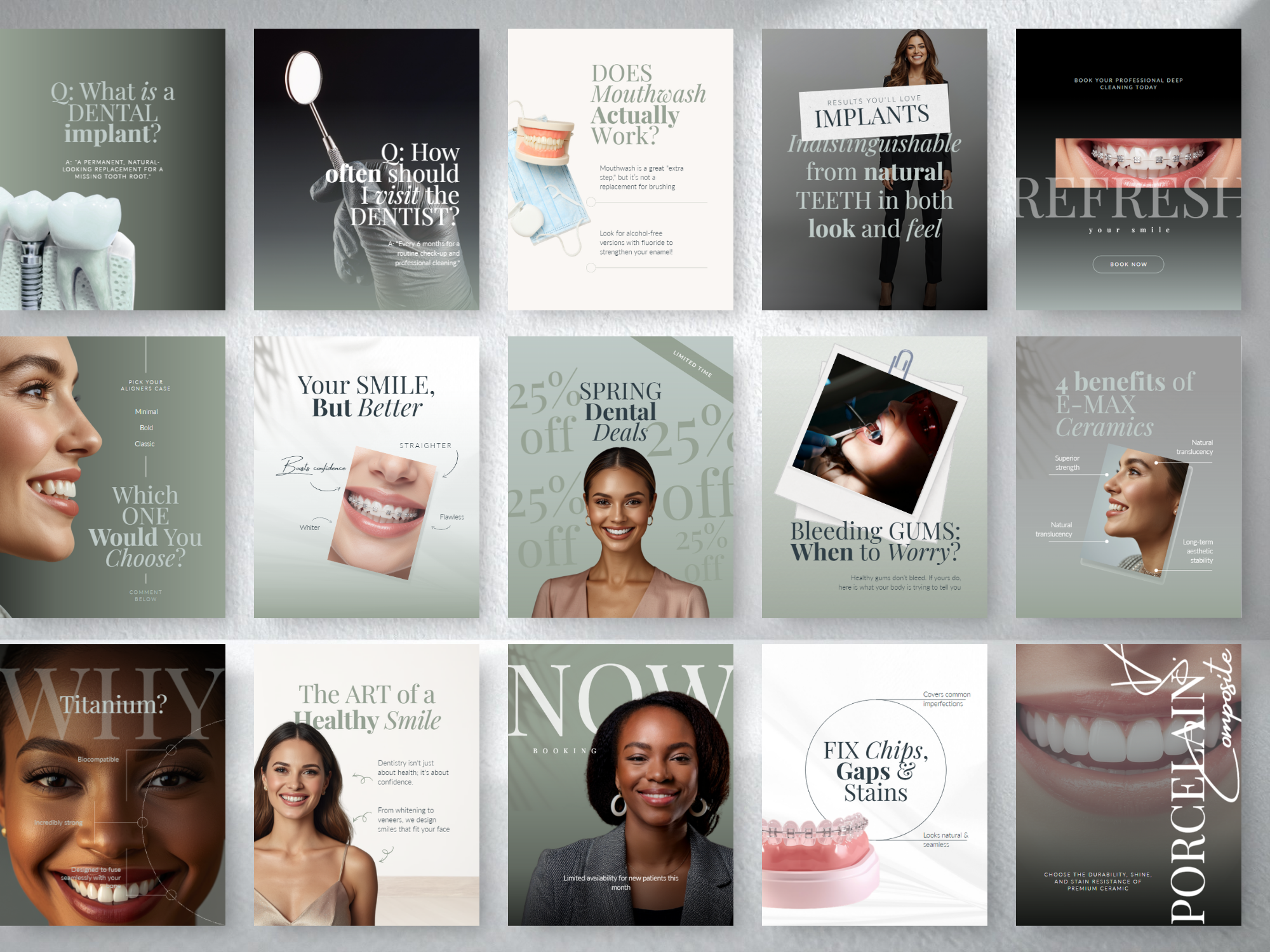 Luxury dental instagram templates canva bundle preview for dentist social media kit