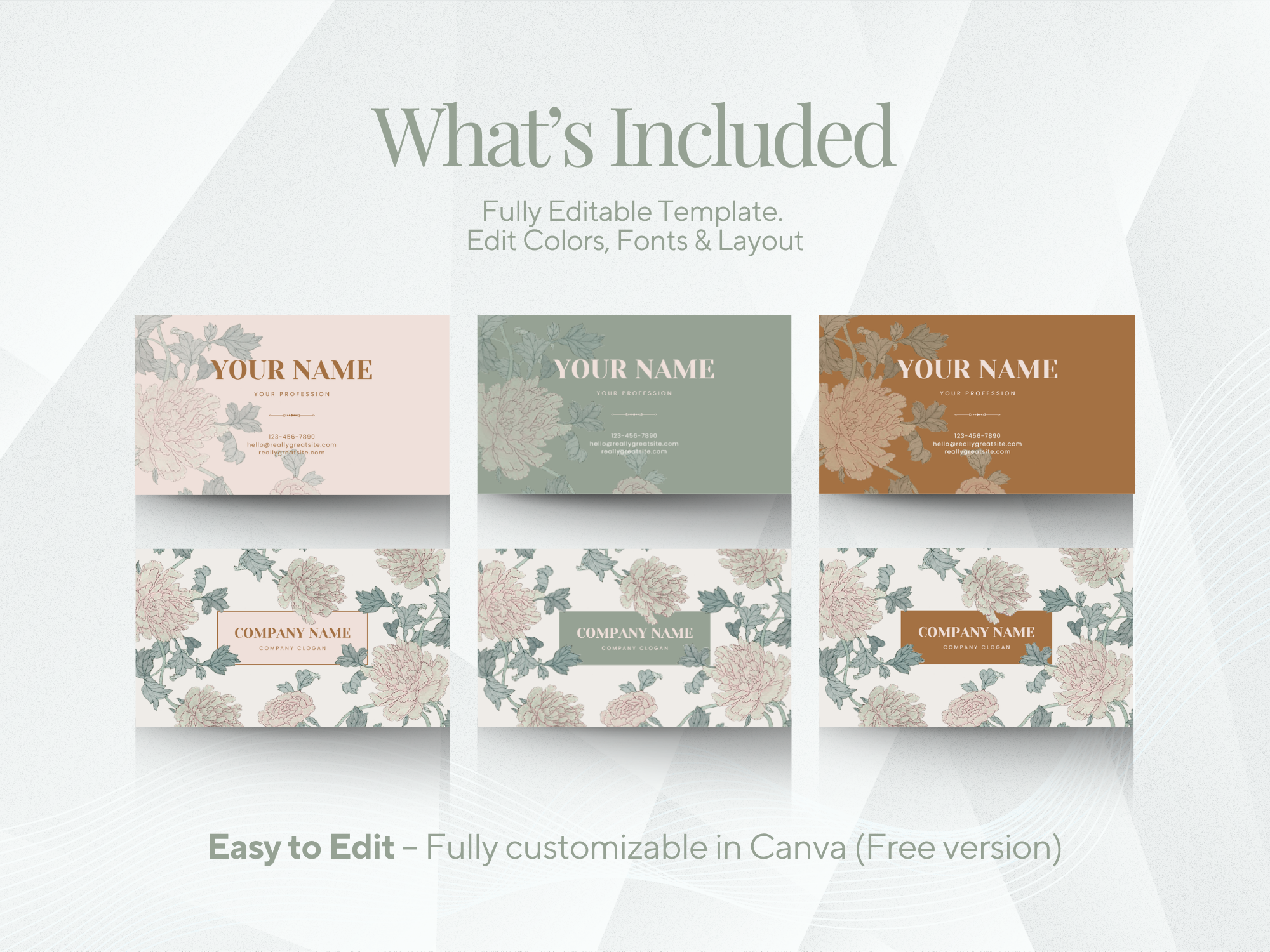 Sage Green Floral Business Card Canva Template — Elegant Peony Botanical Branding