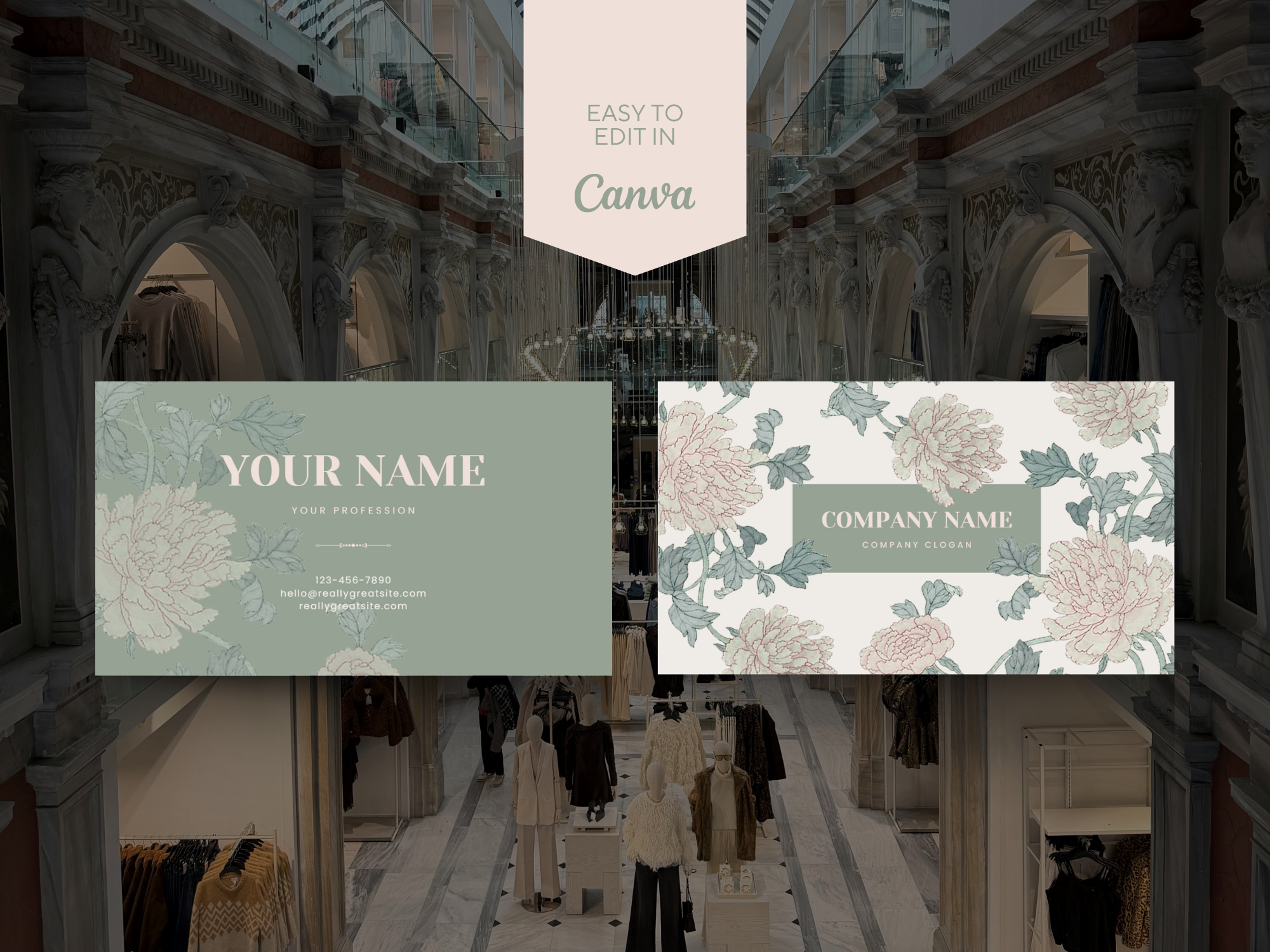 Sage Green Floral Business Card Canva Template — Elegant Peony Botanical Branding