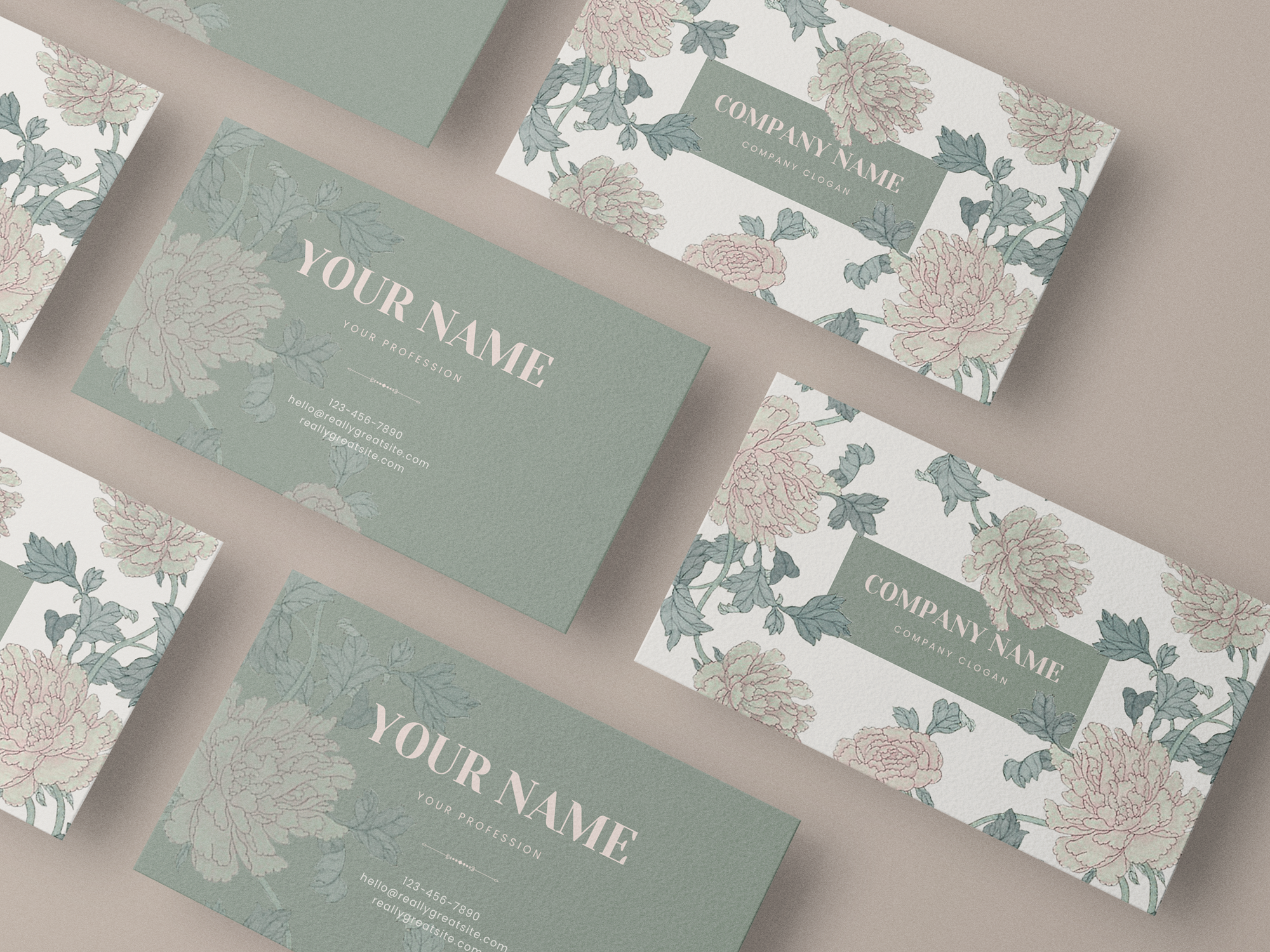 Sage Green Floral Business Card Canva Template — Elegant Peony Botanical Branding