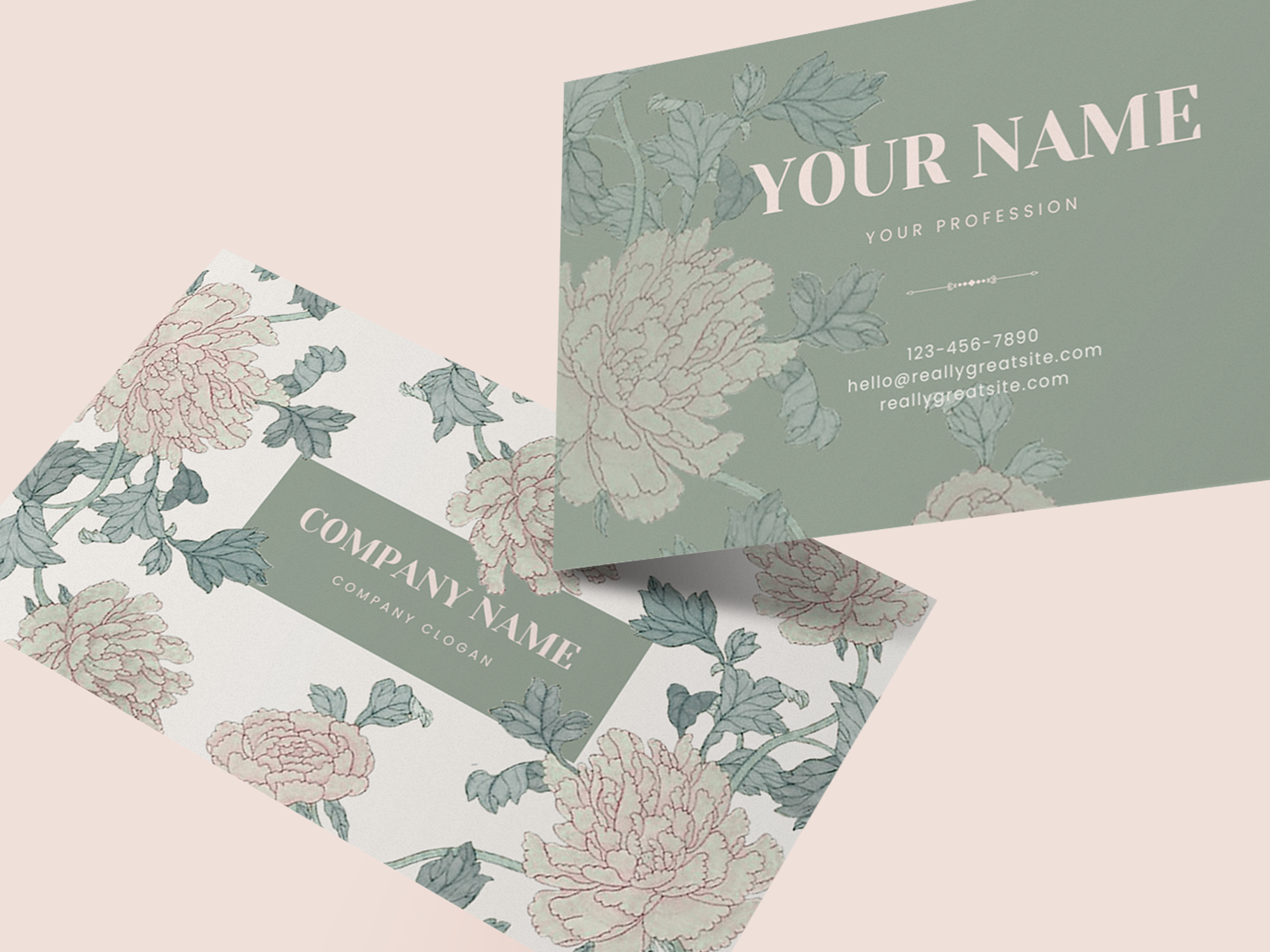 Sage Green Floral Business Card Canva Template — Elegant Peony Botanical Branding