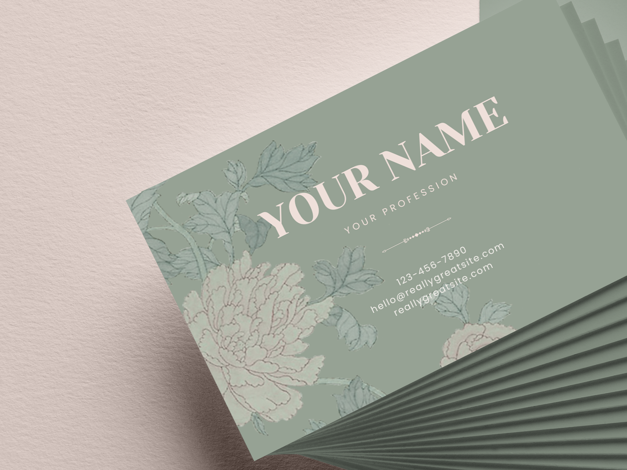 Sage Green Floral Business Card Canva Template — Elegant Peony Botanical Branding
