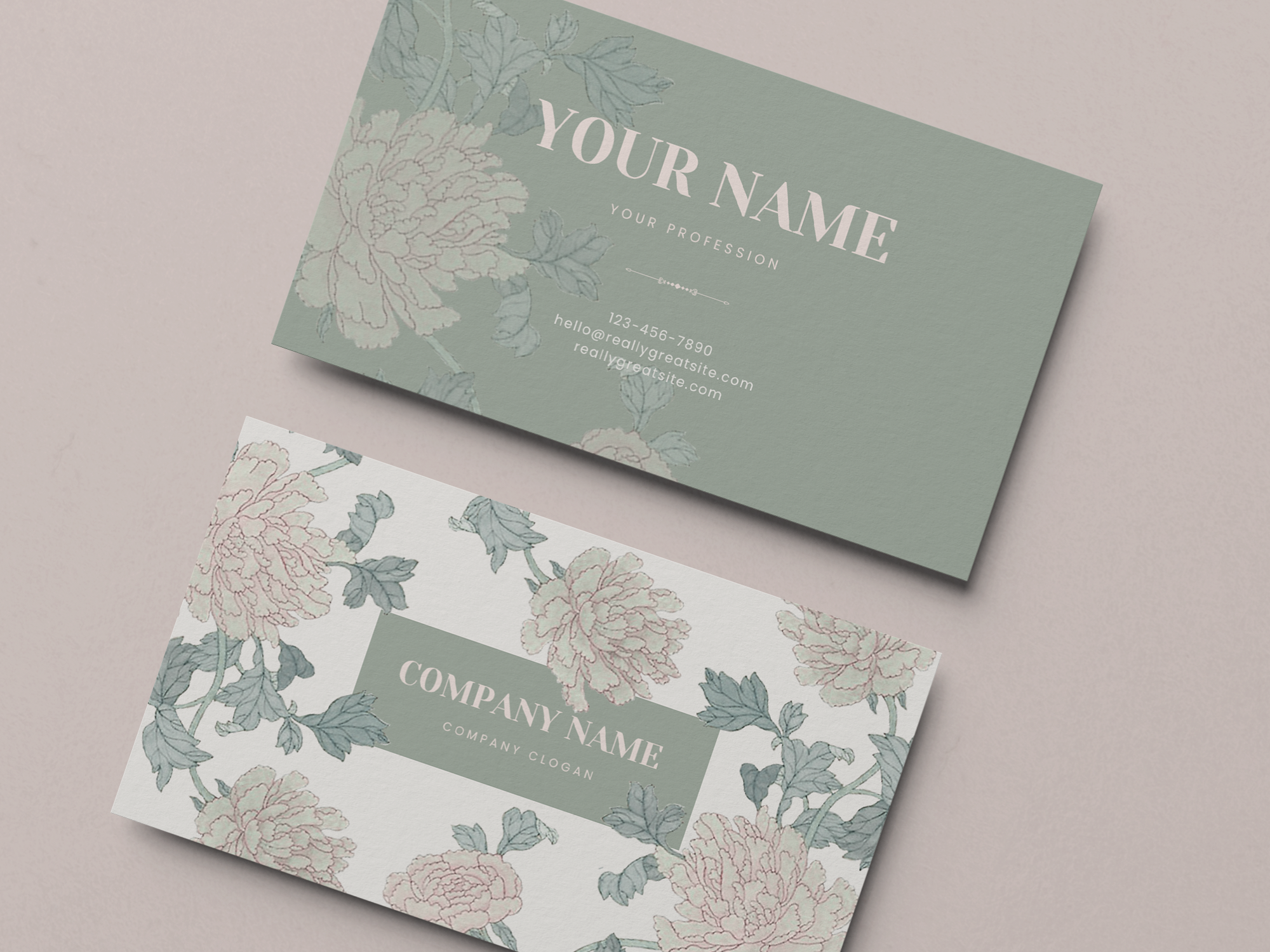 Sage Green Floral Business Card Canva Template — Elegant Peony Botanical Branding